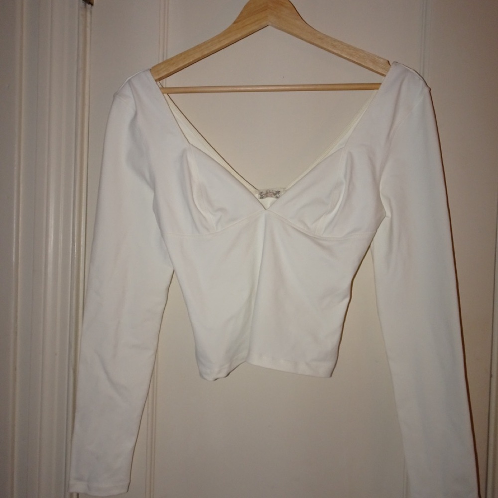 Free People White V-Neck Long Sleeve Blouse